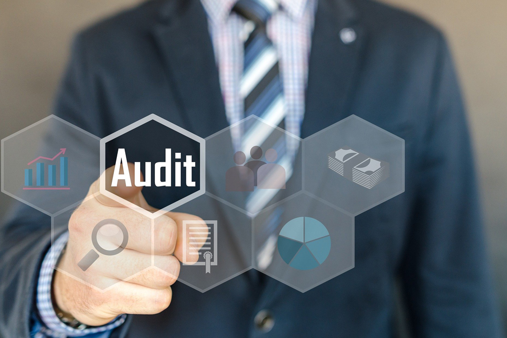 Man in suit pointing to the audit sign